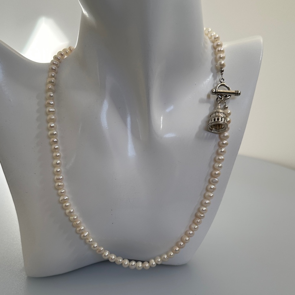 Freshwater Pearl Necklace with Silver Toggle & Bell Charm - Cream Pearls